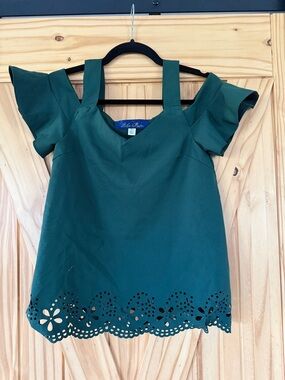 Blue Rain Deep Green Cold-Shoulder Top with Laser-Cut Hem